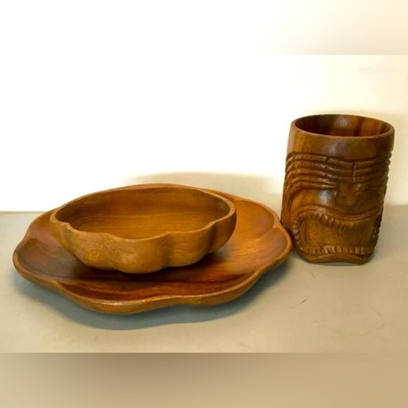 24 pc set 8 - 3pc place setting plate bowl mug homemade wood Tiki MCM Retro - Picture 2 of 7
